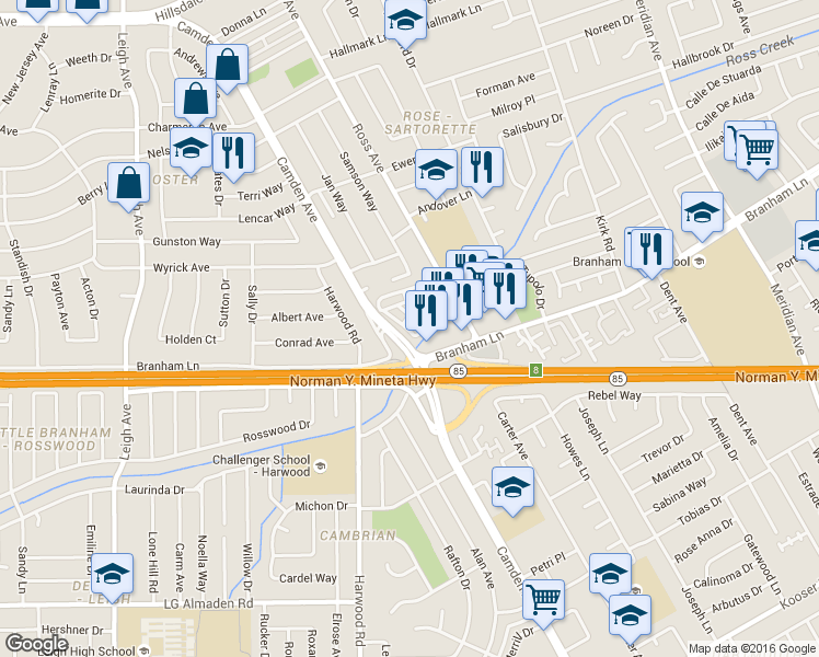 map of restaurants, bars, coffee shops, grocery stores, and more near 1747 Ross Circle in San Jose