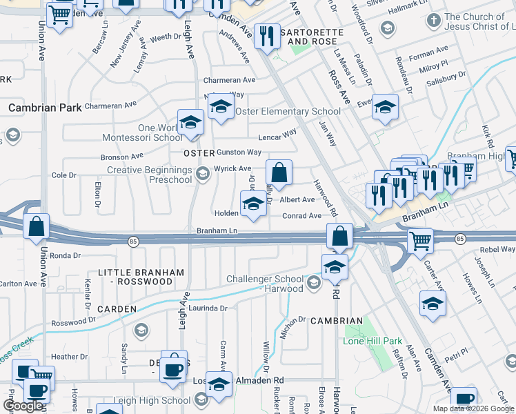 map of restaurants, bars, coffee shops, grocery stores, and more near 14880 Sutton Drive in San Jose