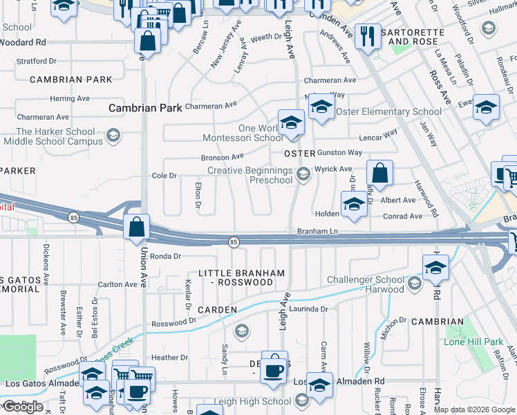 map of restaurants, bars, coffee shops, grocery stores, and more near 14884 Payton Avenue in San Jose