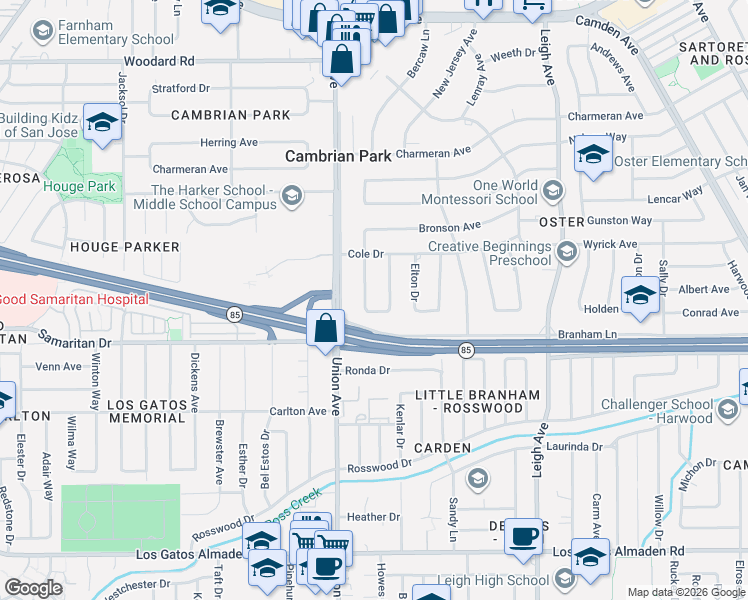 map of restaurants, bars, coffee shops, grocery stores, and more near 14878 Donner Drive in San Jose