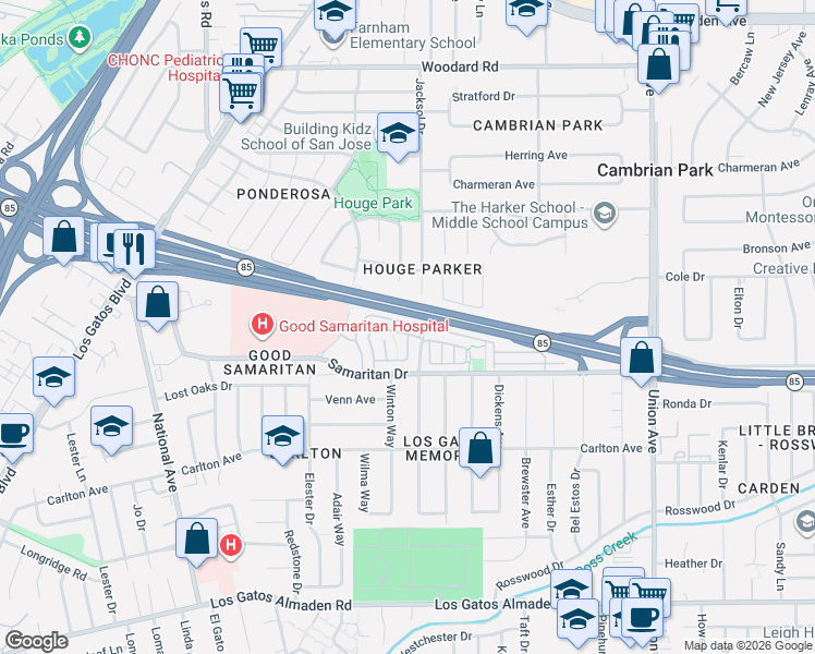 map of restaurants, bars, coffee shops, grocery stores, and more near 2303 Saidel Drive in San Jose