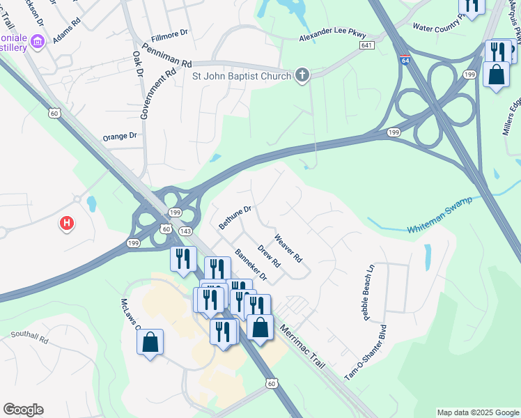 map of restaurants, bars, coffee shops, grocery stores, and more near 109 Luther Drive in Williamsburg