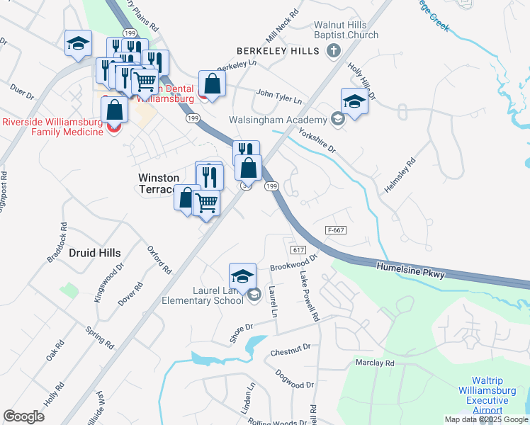 map of restaurants, bars, coffee shops, grocery stores, and more near 3279 Lake Powell Road in Williamsburg