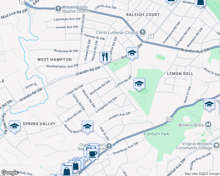 map of restaurants, bars, coffee shops, grocery stores, and more near 2422 Montvale Rd SW in Roanoke