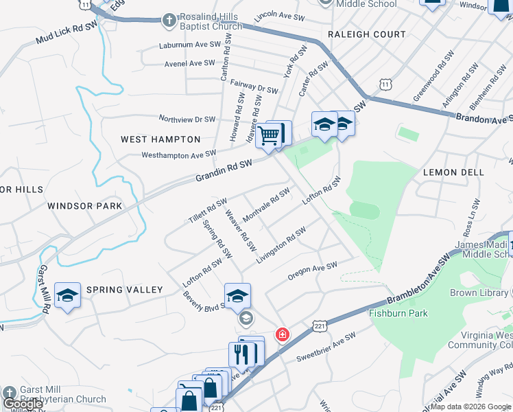 map of restaurants, bars, coffee shops, grocery stores, and more near 2452 Montvale Road Southwest in Roanoke