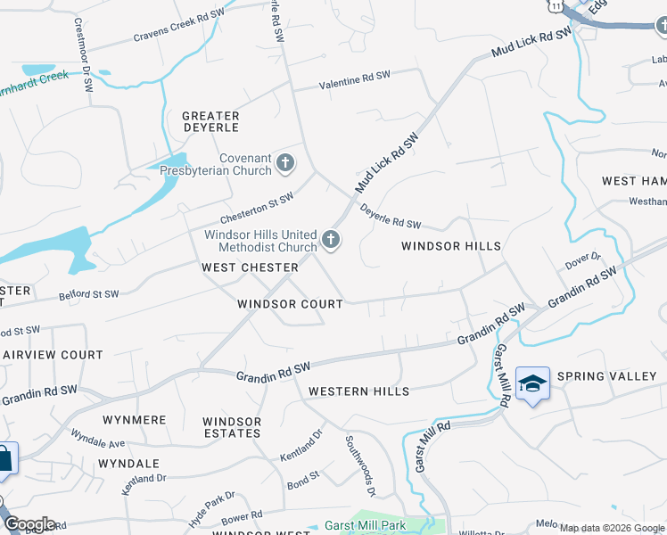 map of restaurants, bars, coffee shops, grocery stores, and more near 3651 Brymoor Road Southwest in Roanoke
