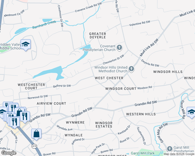 map of restaurants, bars, coffee shops, grocery stores, and more near 1905 Aberdeen Avenue Southwest in Roanoke