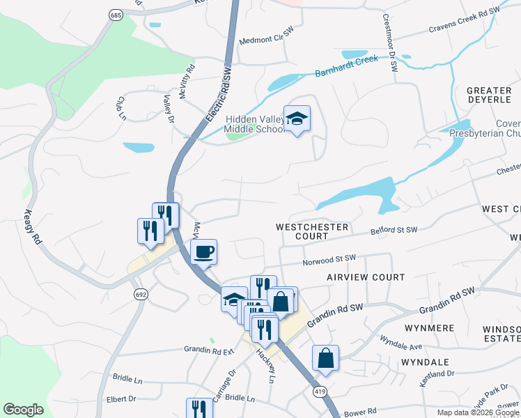 map of restaurants, bars, coffee shops, grocery stores, and more near 4937 Keithwood Dr SW in Roanoke