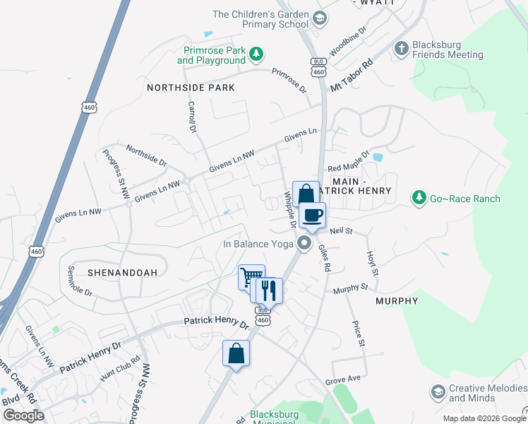map of restaurants, bars, coffee shops, grocery stores, and more near Radford Circle in Blacksburg