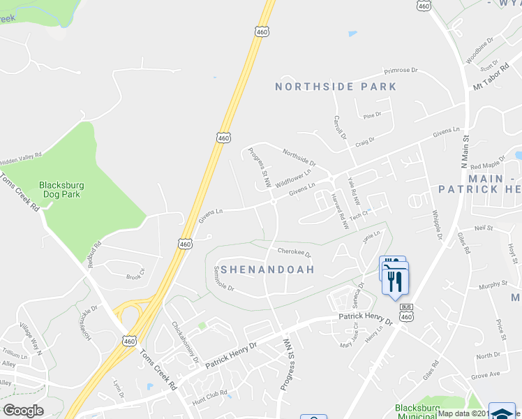 map of restaurants, bars, coffee shops, grocery stores, and more near 505 Wildflower Lane in Blacksburg