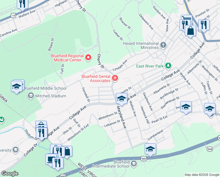 map of restaurants, bars, coffee shops, grocery stores, and more near 1312 Montclair Street in Bluefield