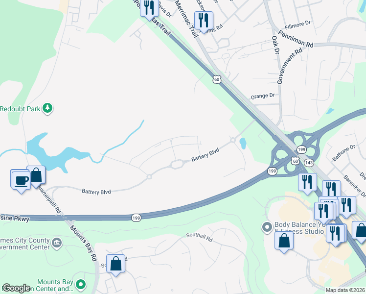 map of restaurants, bars, coffee shops, grocery stores, and more near 3973 Northridge Street in Williamsburg