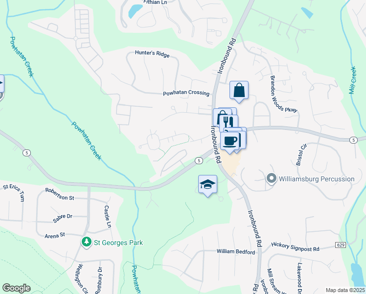 map of restaurants, bars, coffee shops, grocery stores, and more near 1105 Prosperity Court in Williamsburg