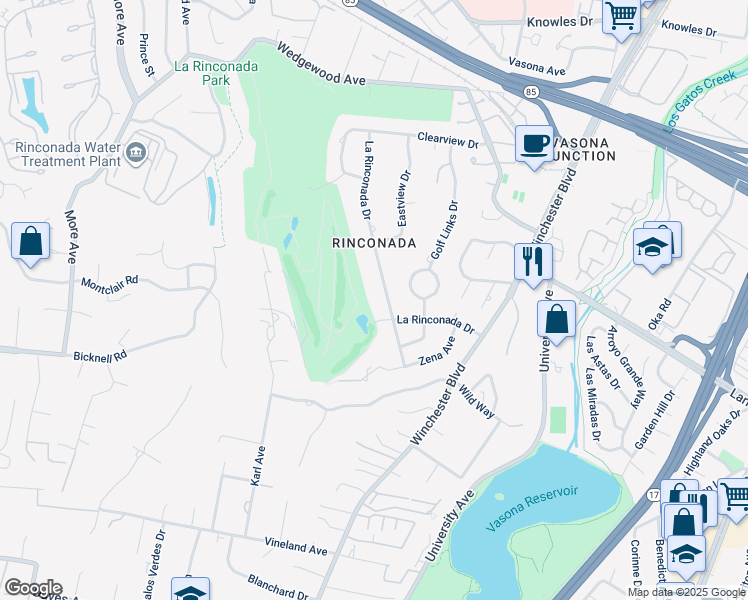 map of restaurants, bars, coffee shops, grocery stores, and more near 14885 La Rinconada Drive in Los Gatos