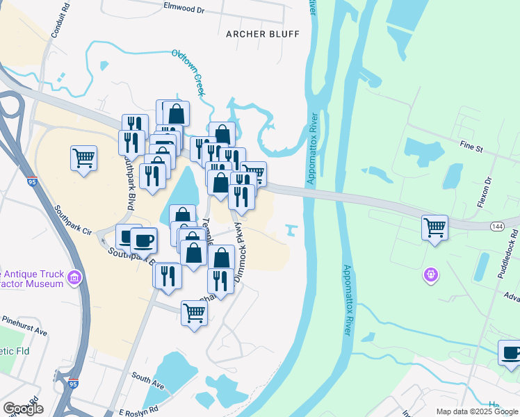 map of restaurants, bars, coffee shops, grocery stores, and more near 441 Charles H Dimmock Parkway in Colonial Heights