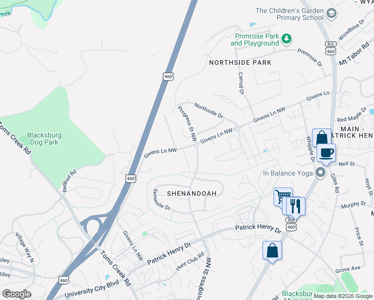 map of restaurants, bars, coffee shops, grocery stores, and more near 505 Wildflower Lane in Blacksburg