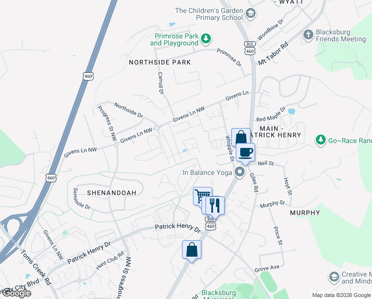map of restaurants, bars, coffee shops, grocery stores, and more near Radford Circle in Blacksburg