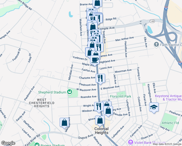 map of restaurants, bars, coffee shops, grocery stores, and more near 113 Fairfax Avenue in Colonial Heights