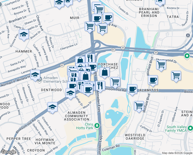 map of restaurants, bars, coffee shops, grocery stores, and more near Almaden Expy & Foxchase Dr in San Jose