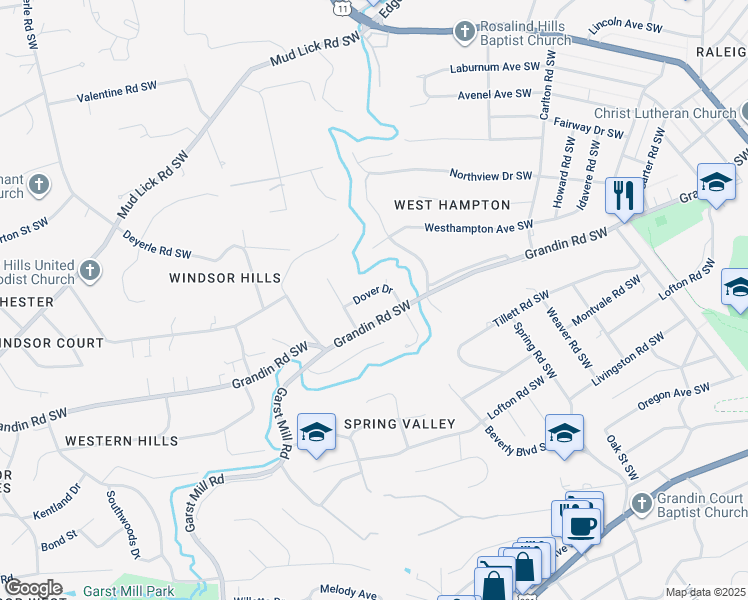 map of restaurants, bars, coffee shops, grocery stores, and more near 3038 Dover Drive in Roanoke