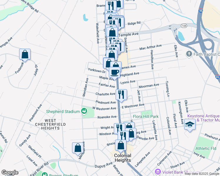 map of restaurants, bars, coffee shops, grocery stores, and more near 113 Fairfax Avenue in Colonial Heights