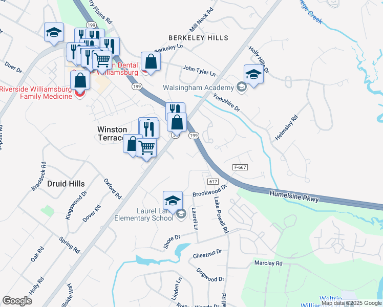 map of restaurants, bars, coffee shops, grocery stores, and more near 117 Olde Jamestown Court in Williamsburg