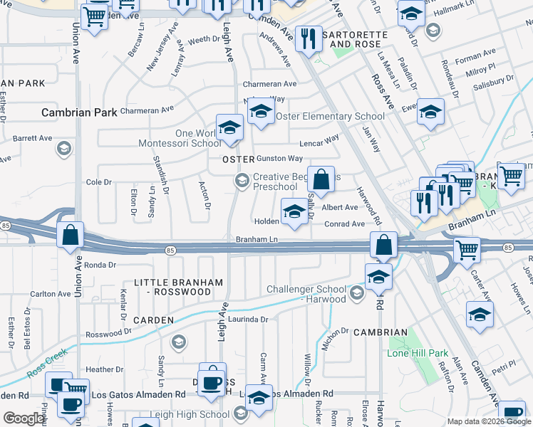 map of restaurants, bars, coffee shops, grocery stores, and more near 14885 Holden Way in San Jose