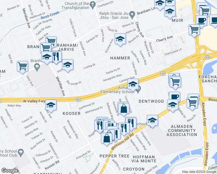 map of restaurants, bars, coffee shops, grocery stores, and more near 1422 Lansing Avenue in San Jose