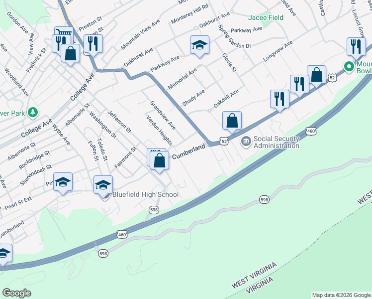 map of restaurants, bars, coffee shops, grocery stores, and more near 124 W Cumberland Rd in Bluefield