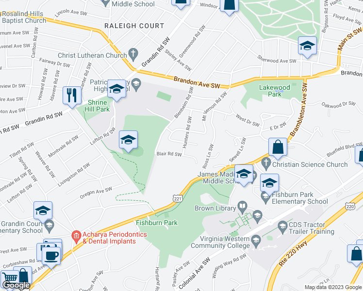 map of restaurants, bars, coffee shops, grocery stores, and more near 1702 Wilbur Road Southwest in Roanoke