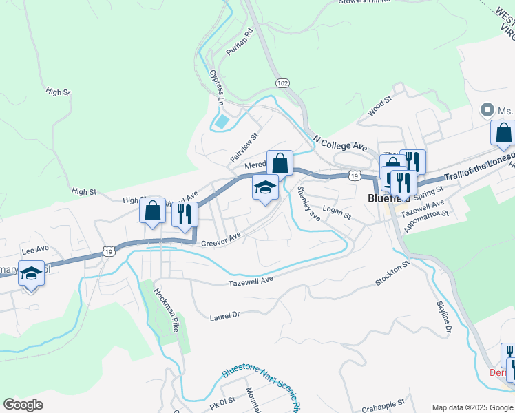 map of restaurants, bars, coffee shops, grocery stores, and more near 808 Greever Avenue in Bluefield
