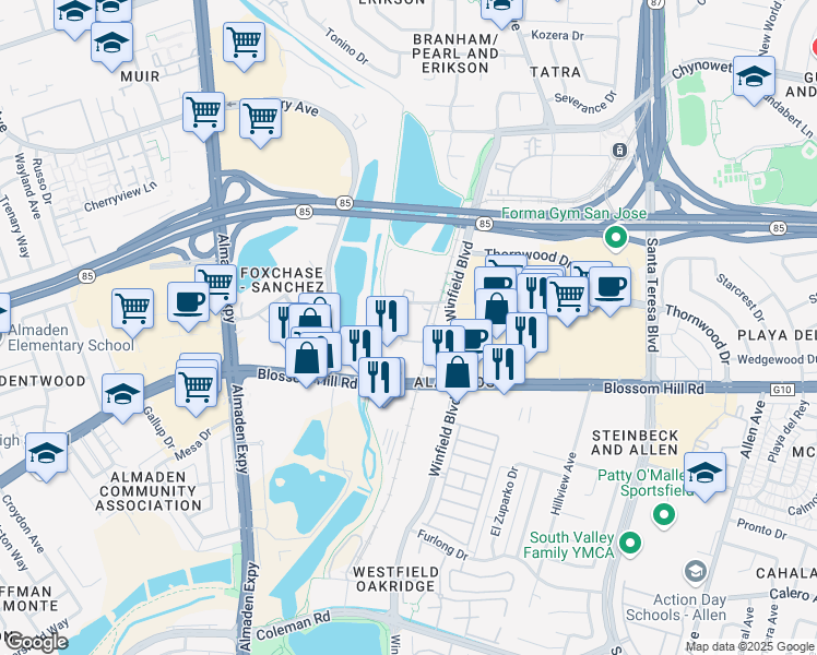 map of restaurants, bars, coffee shops, grocery stores, and more near 9 Blossom River Drive in San Jose