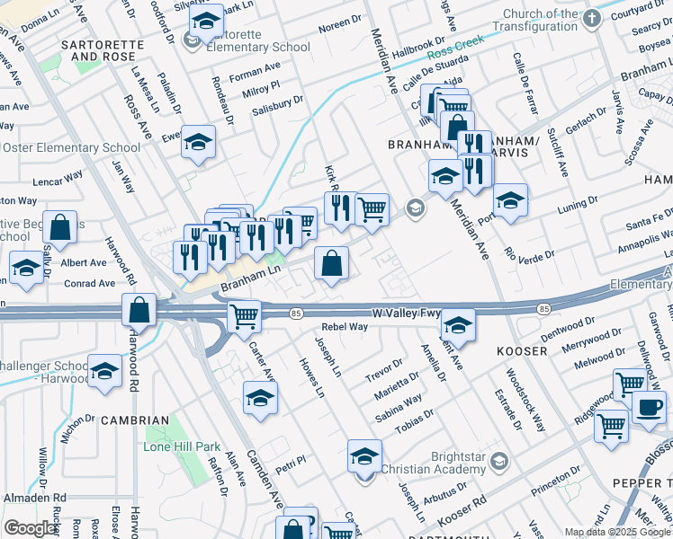 map of restaurants, bars, coffee shops, grocery stores, and more near 1644 Branham Lane in San Jose