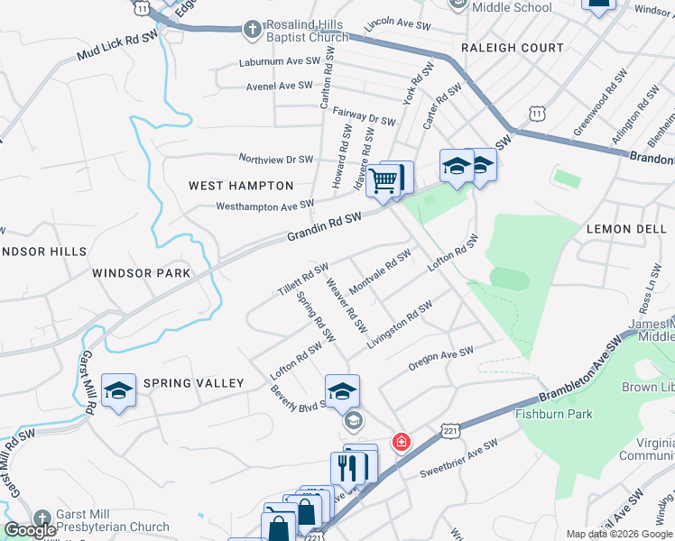 map of restaurants, bars, coffee shops, grocery stores, and more near 2514 Tillett Road Southwest in Roanoke