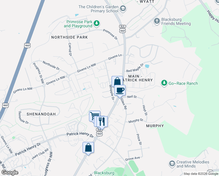 map of restaurants, bars, coffee shops, grocery stores, and more near 347 Courtney Circle in Blacksburg