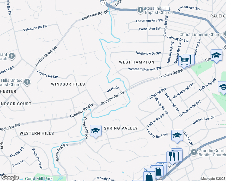 map of restaurants, bars, coffee shops, grocery stores, and more near 3038 Dover Drive in Roanoke