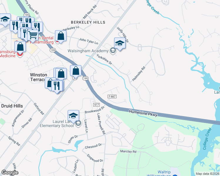 map of restaurants, bars, coffee shops, grocery stores, and more near 140 Exmoor Court in Williamsburg