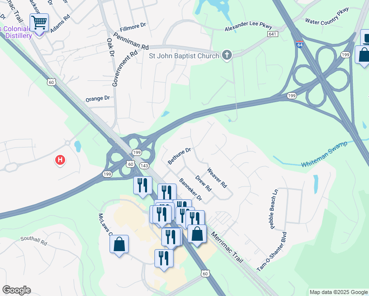 map of restaurants, bars, coffee shops, grocery stores, and more near 110 Bethune Drive in Williamsburg