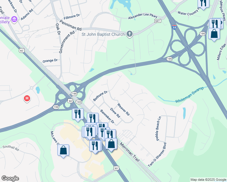 map of restaurants, bars, coffee shops, grocery stores, and more near 203 Bethune Drive in Williamsburg