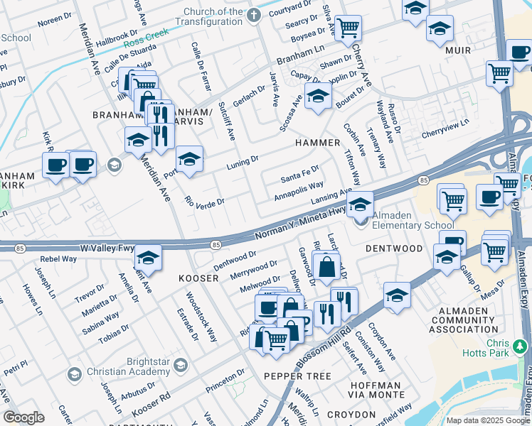 map of restaurants, bars, coffee shops, grocery stores, and more near 1445 Lansing Avenue in San Jose