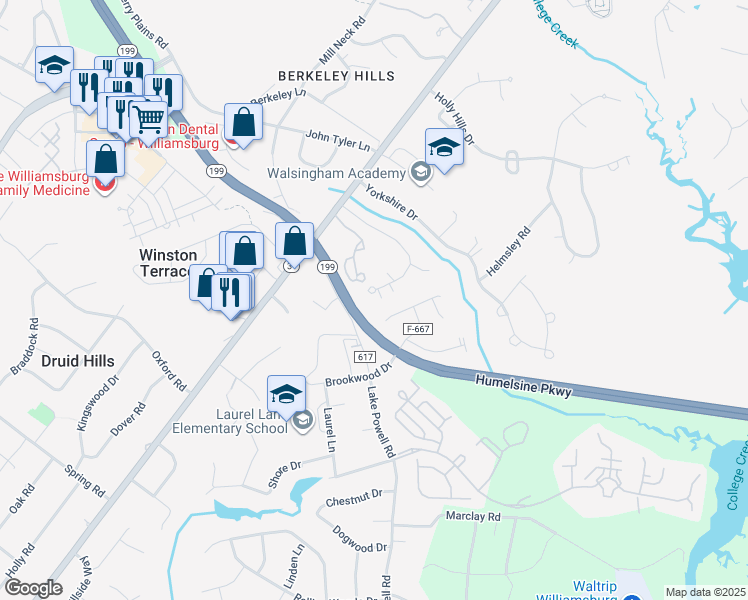 map of restaurants, bars, coffee shops, grocery stores, and more near 229 Woodmere Drive in Williamsburg