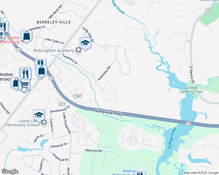 map of restaurants, bars, coffee shops, grocery stores, and more near 328 Yorkshire Drive in Williamsburg