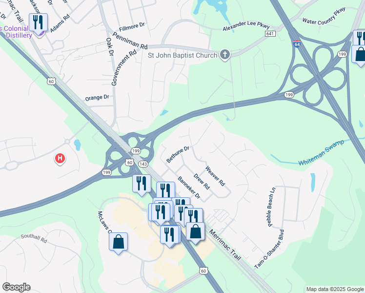 map of restaurants, bars, coffee shops, grocery stores, and more near 110 Bethune Drive in Williamsburg