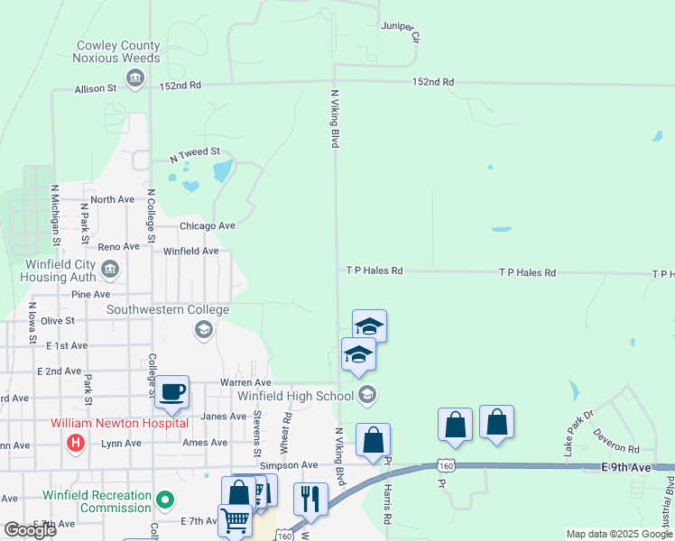 map of restaurants, bars, coffee shops, grocery stores, and more near North Viking Boulevard in Winfield