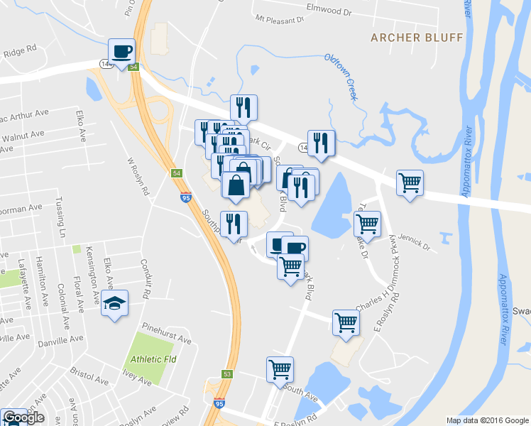 map of restaurants, bars, coffee shops, grocery stores, and more near 114 Southpark Circle in Colonial Heights