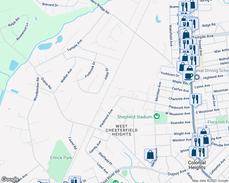 map of restaurants, bars, coffee shops, grocery stores, and more near 3231 Winnie Drive in Ettrick