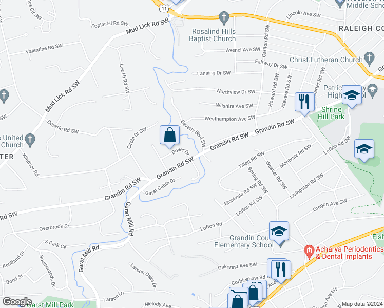 map of restaurants, bars, coffee shops, grocery stores, and more near 3009 Dover Drive in Roanoke