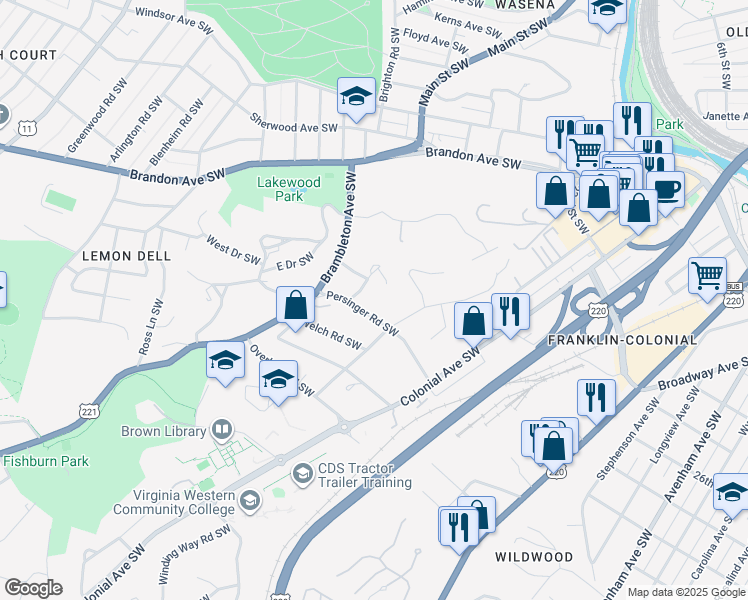 map of restaurants, bars, coffee shops, grocery stores, and more near 1127 Persinger Road Southwest in Roanoke