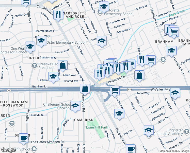 map of restaurants, bars, coffee shops, grocery stores, and more near 1747 Ross Circle in San Jose