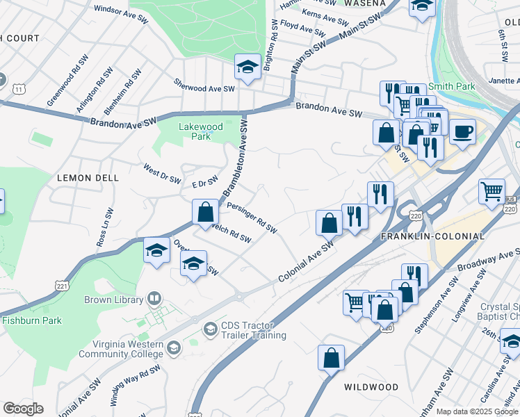 map of restaurants, bars, coffee shops, grocery stores, and more near 1127 Persinger Road Southwest in Roanoke